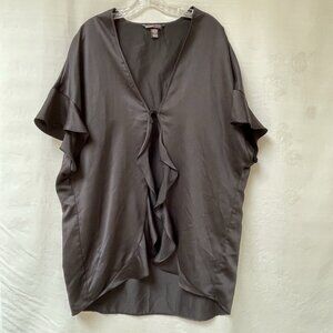 Victoria's Secret Womens One Size Black Satin Kimono Robe Tie Front Ruffle Love